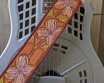 Guitar Strap, Hand-Tooled Leather, Adjustable, Original Design, Dogwood Flowers