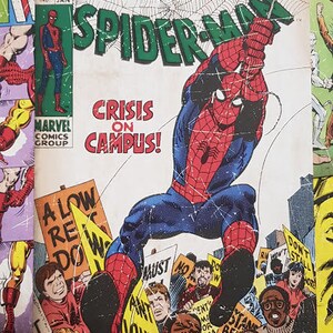 May include: A vintage comic book cover featuring Spider-Man in a red and blue suit, swinging through the air. The cover text reads "The Amazing Spider-Man" and "Crisis on Campus!" The background features a group of people holding protest signs.