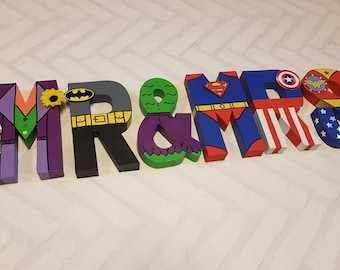 Superhero Wedding Table Sign - Hand Painted Mr & Mrs Letters