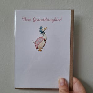 May include: A white greeting card with the text New Granddaughter! in pink script. The card features a watercolour illustration of a duck wearing a blue bonnet and a pink floral shawl. The card is enclosed in a clear plastic sleeve with a brown envelope.