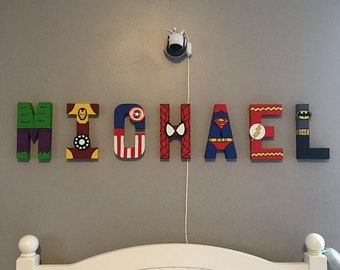 Superhero Letters - Personalized Hand Painted Papier Mache Letters - 7 Super Hero Letter Kids Name - MADE TO ORDER