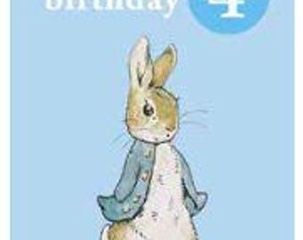 Beatrix Potter Birthday Card - Beatrix Potter 4th Birthday card-  Peter Rabbit Card - Baby 4th Birthday - Baby Blue Card - Badge Card BX7