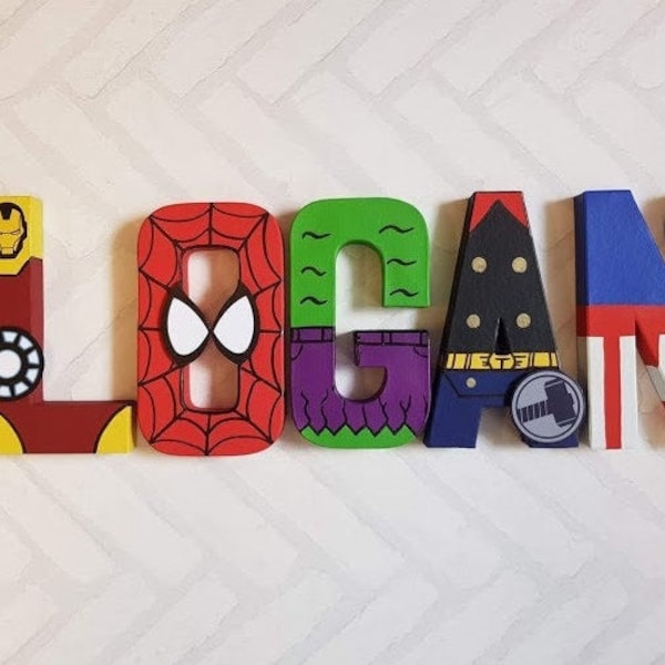 Personalized Hero Letters - Hand Painted Papier Mache Super Hero Letters - Superhero Kids Name