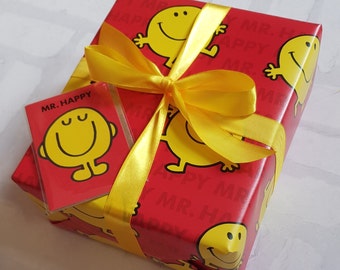 Mr. Men Wrapping Paper - Mr Happy Gift Wrap - Mr Happy Wrapping Paper - Mr. Men Gift Wrap - Red Gift Wrap - Mr. Men