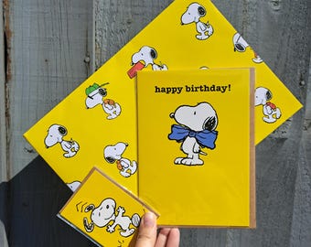 Snoopy Gift Wrap and Card - Peanuts Wrapping Paper - Yellow Gift Wrap
