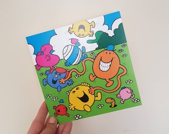 May include: A colorful illustration of Mr. Men characters, including Mr. Happy, Mr. Grumpy, Mr. Tickle, and Mr. Messy, playing together on a green background with white flowers.