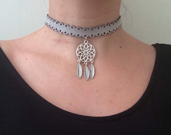 Grey Suede Dreamcatcher Choker: Bohemian Metal Feather Necklace