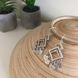 Bohemian Silver Earrings/Rhombus Earrings/Hook boho earrings/Coin Earrings/Bohemian earrings/Ethnic Earrings/Dangle & drop earrings
