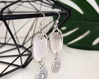 Silver circle earrings| Silver coin earrings| Silver dangle earrings| Geometric earrings| Boho earrings|Silver disc earrings|Silver 925 hook