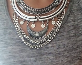 Collier d’argent Boho/Collier Silver Statement/Collier ethnique/Bijoux Boho/Collier de pièces de monnaie/Collier tribal/Collier de chaîne/Bijou Coachella