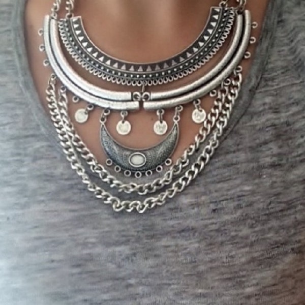 Collier d’argent Boho/Collier Silver Statement/Collier ethnique/Bijoux Boho/Collier de pièces de monnaie/Collier tribal/Collier de chaîne/Bijou Coachella