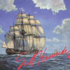 May include: A painting of a tall ship with white sails against a blue sky with white clouds. The ship is sailing on a blue ocean. The artist's signature, "Scott Kennedy", is in red in the lower right corner of the painting.