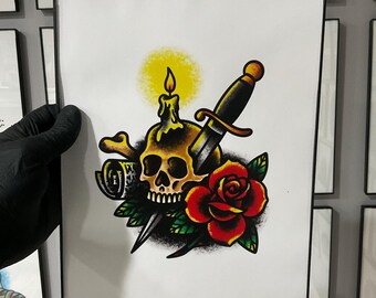 Flash Art Tattoo z Czaszką i Sztyletem