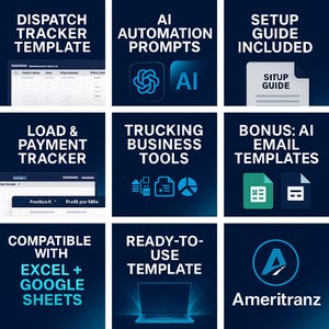 May include: A dark blue graphic with white text and icons promoting business tools. The image includes text such as "Dispatch Tracker Template", "AI Automation Prompts", and "Ready-to-Use Template". Also includes the Ameritranz logo.