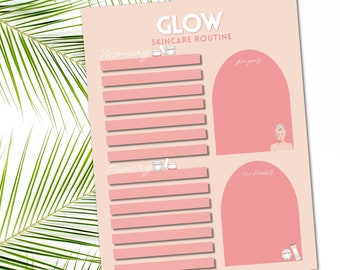May include: A printable pink and peach skincare routine planner with the text "Glow Skincare Routine" at the top. The planner is divided into two sections: "Morning" and "Evening". Each section has a list of blank lines for writing in skincare products. The planner also includes two arched sections for writing in "Skin Goals" and "Fav Products".