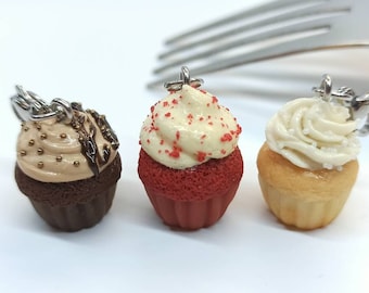 Red Velvet Cupcake Charms, Vanilla & Chocolate, Miniature Food Jewelry, Kawaii Dollhouse, Handmade Polymer Clay