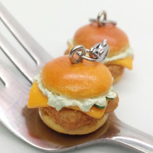 Fillet Fish Sandwich Charm, Burger Jewelry, Handmade Polymer Clay Food, Hamburger Earrings, Tangy Cheeseburger Miniature