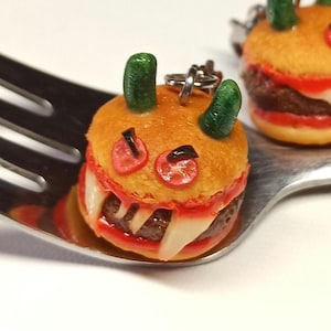 Spooky Demon Burger Charm Hamburger, Handmade Miniature Polymer Clay Food, Halloween Gift, Deviled Burger, Pickle Sandwich