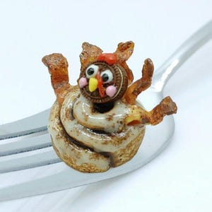 Bacon Turkey Cinnamon Roll Charm, Thanksgiving Handmade Miniature Food Clay Jewelry, Gift for Foodies