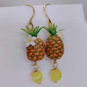 Pineapple Earrings, Tropical Fruit Jewelry, Handmade Polymer Clay Earrings, Golden Stainless Steel Hooks, Cat’s Eye Gemstone Dangle