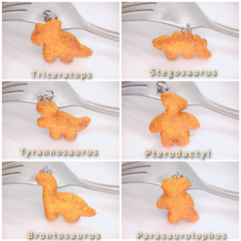 Dinosaur Chicken Nugget Charm, Miniature Food Jewelry, Kawaii Dollhouse Gift, Handmade Polymer Clay image 2