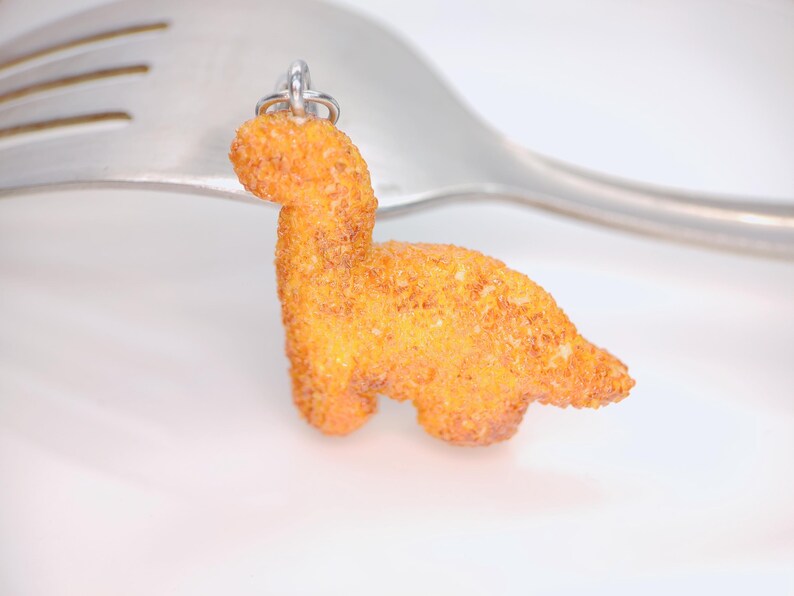 Dinosaur Chicken Nugget Charm, Miniature Food Jewelry, Kawaii Dollhouse Gift, Handmade Polymer Clay Brontosaurus