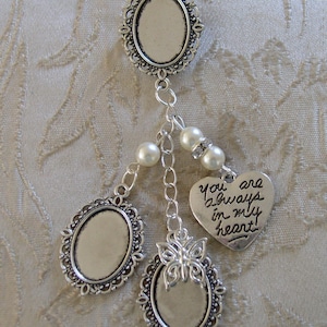 Memorial Bouquet Pin- Ivory & Crystal Triple Photo Charm - You Are Always In My Heart, Swarovski/Preciosa Pearl/Wedding/Bridal