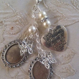 Memorial Double Photo Butterfly Bouquet Charm - You Are Always In M Heart, Swarovski/Preciosa Pearl/Wedding/Bridal