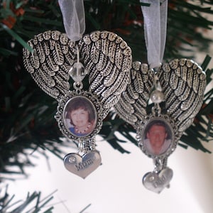 Memorial Angel Wing Photo Hanging Ornament with White Swarovski/Preciosa Pearl