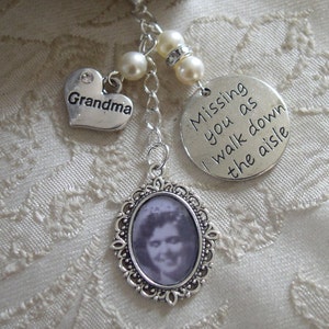 Ivory Grandma Memorial Bouquet Photo Charm- Missing You As I Walk Down The Aisle, Swarovski/Preciosa Pearl/Wedding/Bridal