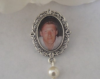 Memorial Photo Frame Pin Charm made With Swarovski Pearl/Brooch/Button Hole Fastening