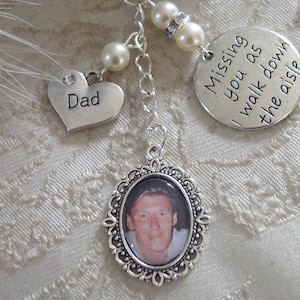 Memorial Ivory Dad Bouquet charm - Wedding Charm for Bride- Bridal Bouquet Photo Frame - Made With Swarovski Pearls - Missing You Charm.