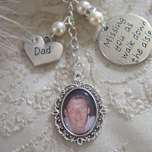 Memorial Ivory Dad Bouquet charm Wedding Charm for Bride Bridal Bouquet Photo Frame Made With Swarovski Pearls Missing You Charm. image 1