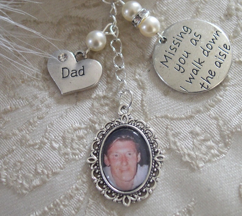 Memorial Ivory Dad Bouquet charm Wedding Charm for Bride Bridal Bouquet Photo Frame Made With Swarovski Pearls Missing You Charm. image 1