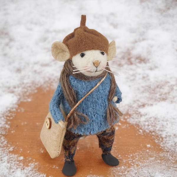 Naaldvilten dier, miniatuurdier, vilten muis, vilten muis, kunstpop, kleine muis, kerstcadeau, schattige muis, vezelkunst, woondecoratie