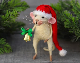 Christmas Needle Felted Mouse Elf Mouse White Needle Felted Animal Christmas Decor Stocking Stuffer Home Decor Xmas Gift Stuffed Animal