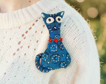 Kattenbroche OOAK handgemaakte stoffen sieradenpin
