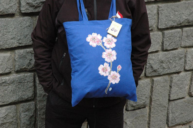 Pink Sakura Flower Hand Painted Blue Tote Bag,Cherry Blossom Illustration on tote bag,Japan Tote Bag,Organic cotton tote bag,Acrylic Painted