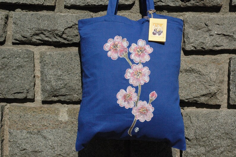 Pink Sakura Flower Hand Painted Blue Tote Bag,Cherry Blossom Illustration on tote bag,Japan Tote Bag,Organic cotton tote bag,Acrylic Painted