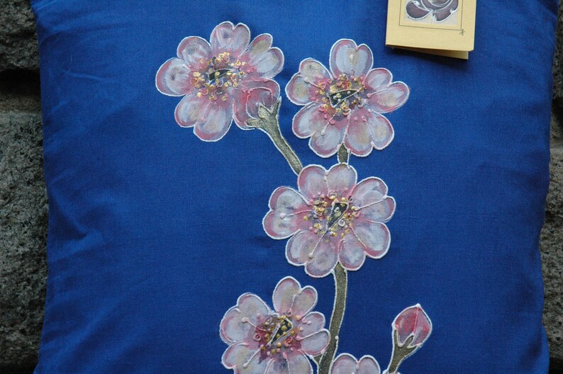 Pink Sakura Flower Hand Painted Blue Tote Bag,Cherry Blossom Illustration on tote bag,Japan Tote Bag,Organic cotton tote bag,Acrylic Painted