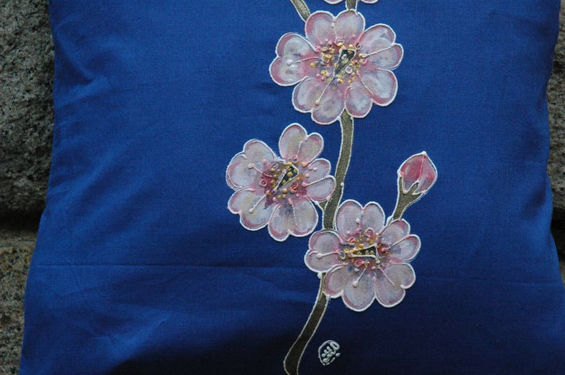 Pink Sakura Flower Hand Painted Blue Tote Bag,Cherry Blossom Illustration on tote bag,Japan Tote Bag,Organic cotton tote bag,Acrylic Painted