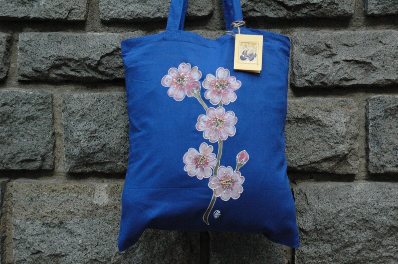 Pink Sakura Flower Hand Painted Blue Tote Bag,Cherry Blossom Illustration on tote bag,Japan Tote Bag,Organic cotton tote bag,Acrylic Painted