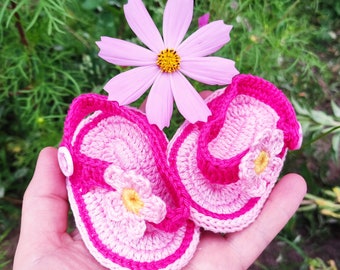 Pink Crochet Baby Shoes, soft cotton, two side soles, hand knitted pink flower, Crochet Baby Flip Flops, baby Sandals