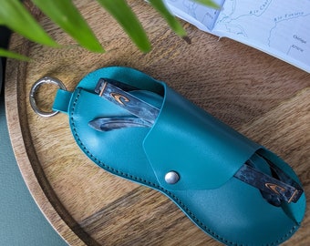 Teal Glasses Case with clip to be used with your lanyard, bag or belt loop. Handmade, Italian leather