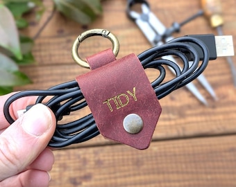 Personalised Leather Cable Tidy with Carabiner Clip – Handmade Cord Organiser
