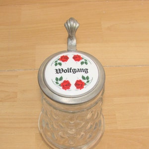 WOLFGANG -- Glas Bierseidel / Bierkrug / Krug - Rosen Motiv , Zinn Deckel um 1975