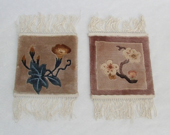 2x very small Chinese silk wall carpet with flower motif around 1980