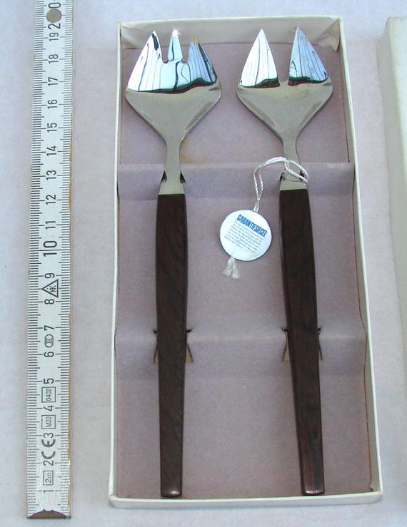 Vintage 60s J. Solingen Salad Servers With Teak Handles - Danish