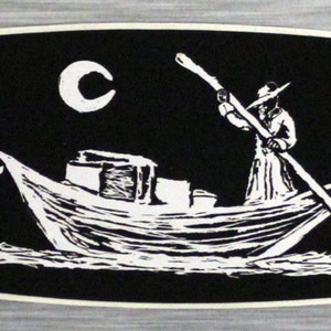 May include: Black and white illustration of a person rowing a boat with a crescent moon in the background.