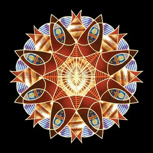 Puede incluir: Un diseño abstracto simétrico sobre un fondo negro. La obra de arte presenta una compleja disposición de formas geométricas en tonos de rojo, naranja y dorado, con acentos de azul y blanco. El diseño tiene una simetría radial, con un patrón central en forma de estrella.